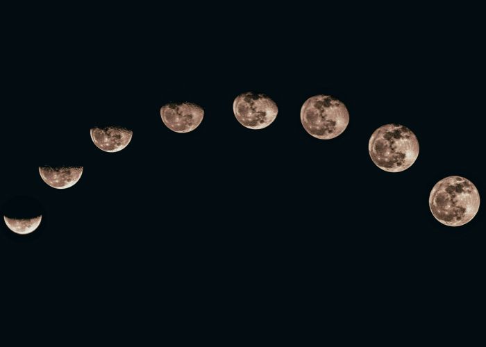 A full moon cycle showed against a black background, from half-full to full.